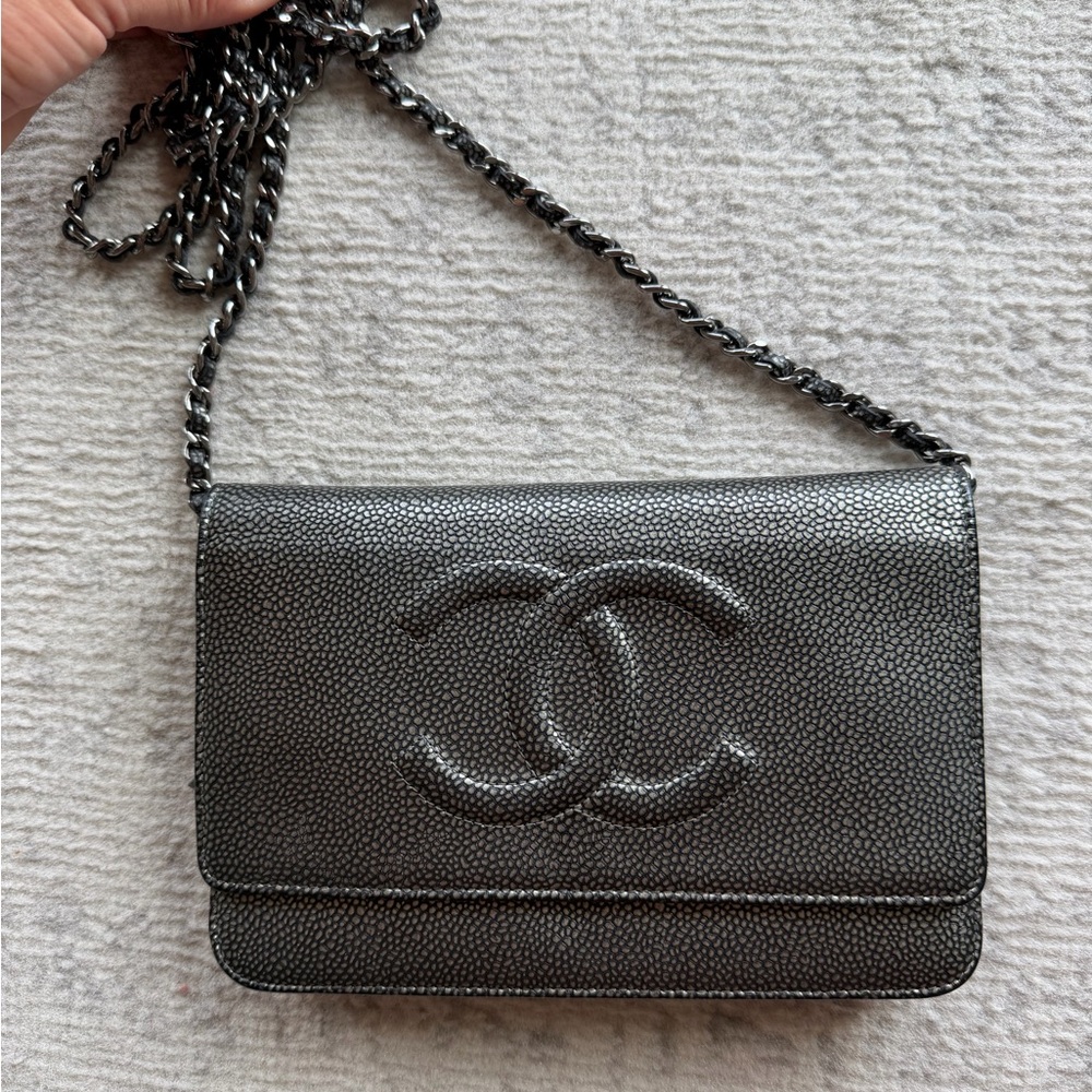 Chanel Metallic Black CC Flap Wallet on Chain